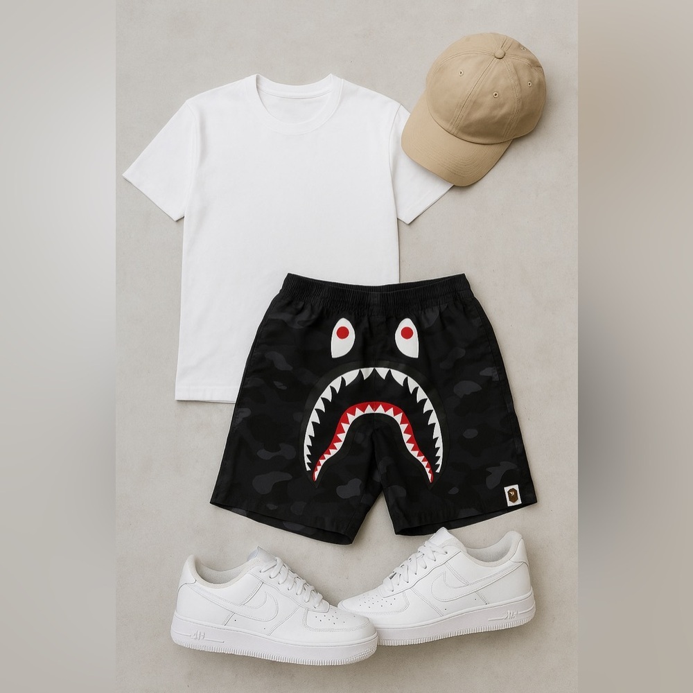 EUC BAPE black and grey camo beach short AUTHENTIC Amazing condition
